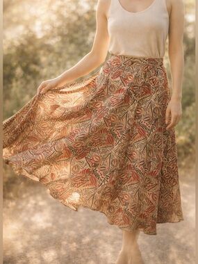 Y2K Jones New York Silk Midi Skirt Abstract Fruit Print A-Line Sz 16